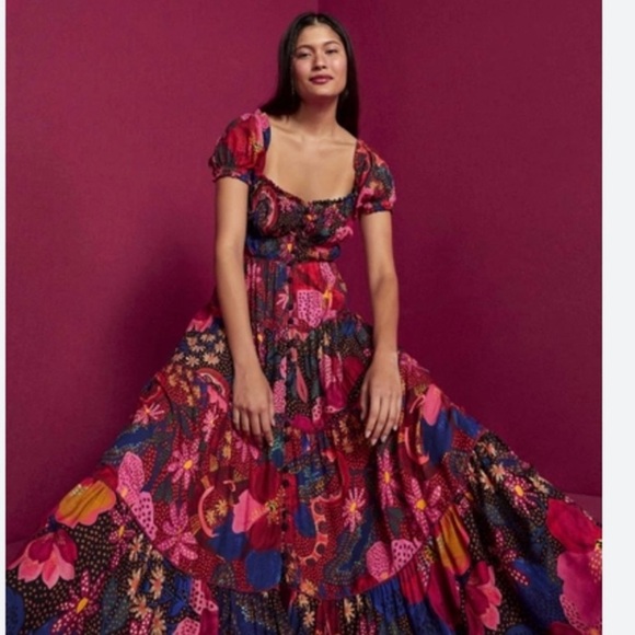 NEW Farm Rio Women's M Wildlife Maxi Dress Puff Sleeves Multicolor Casual - Picture 2 of 3